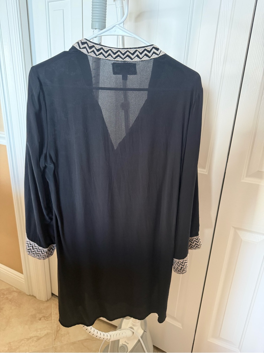 Johnny Was Black Long-Sleeve Shift Dress with Chevron Trim